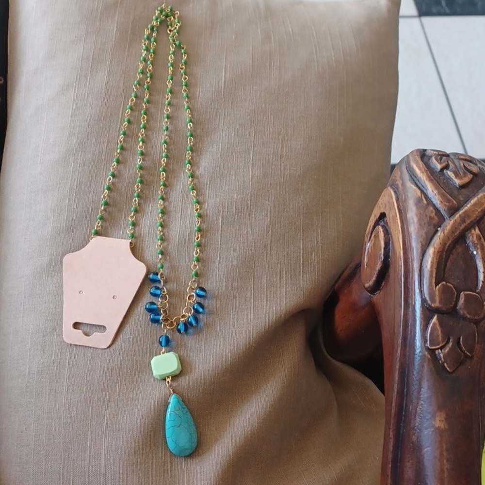 David Aubrey Stones Statement Necklace, Turquoise/green/gold, 17" Drop